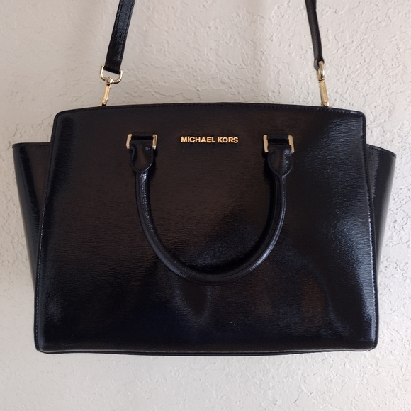 Michael Kors Selma Satchel Patent Leather Black Crossbody Bag - Picture 1 of 12
